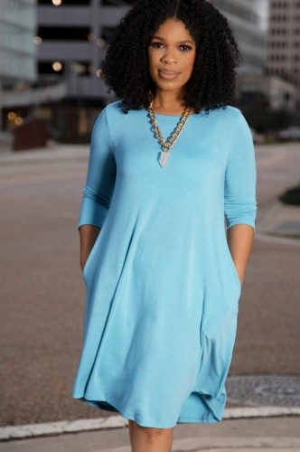 Casual Blue Long Sleeve O-Neck Pocket Midi Dress
