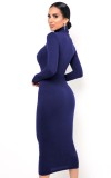 Dark Blue High Neck Long Sleeve Bodycon Midi Dress