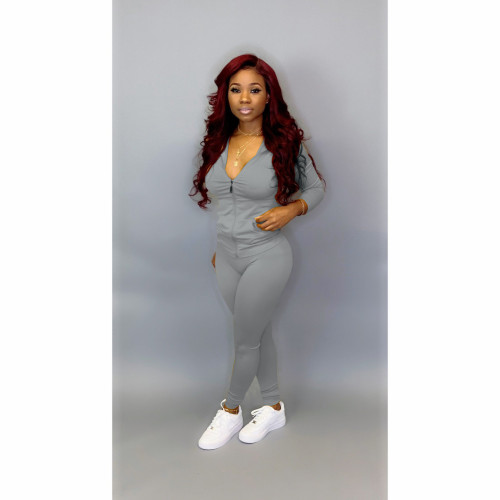 Gray Blank Zipper Casual Hooded Tracksuit