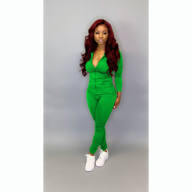 Green Blank Zipper Casual Hooded Tracksuit