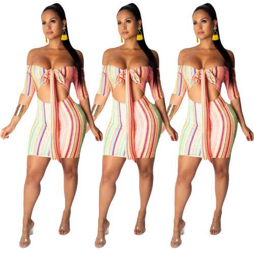 Striped Print Off Shoulder Tie Front Cut Out Bodycon Dress