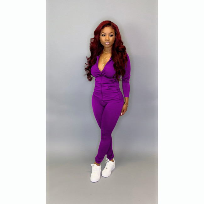 Purple Blank Zipper Casual Hooded Tracksuit