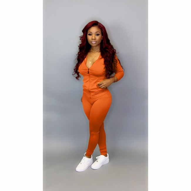 Orange Blank Zipper Casual Hooded Tracksuit