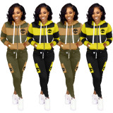 Color Block Print Zipper Hooded Tracksuit