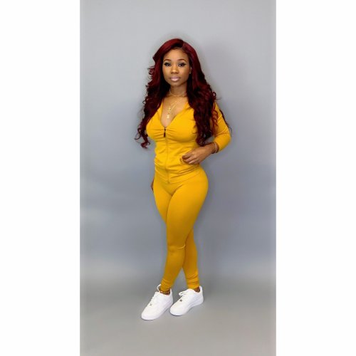 Yellow Blank Zipper Casual Hooded Tracksuit