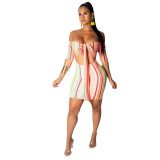 Striped Print Off Shoulder Tie Front Cut Out Bodycon Dress