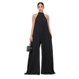 Solid Black Halter Wide Leg Jumpsuit