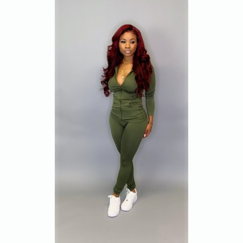 Army Green Blank Zipper Casual Hooded Tracksuit