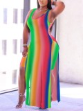 Colorful Print Slit Long Top and Shorts Two Piece Matching Set