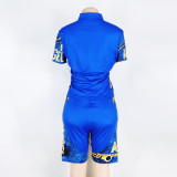 Blue Print Splicing 1/2 Zipper Top and Biker Shorts Two Pieces