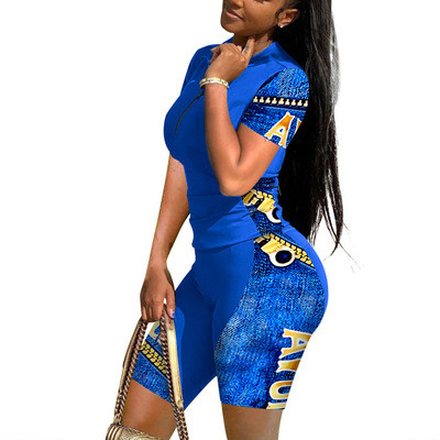 Blue Print Splicing 1/2 Zipper Top and Biker Shorts Two Pieces