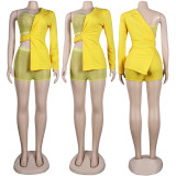 Yellow Beaded 3pcs Club Top and Shorts Set