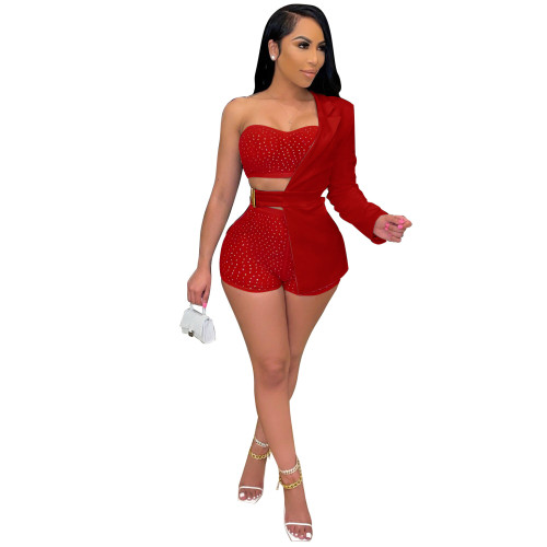 Red Beaded 3pcs Club Top and Shorts Set