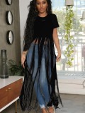 Black Short Sleeves Tassel Maxi Shirt