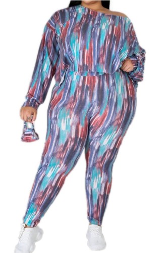 Plus Size Print Drop Shoulder Shirt and Pants with Face Cover 3PC Cover-Ups