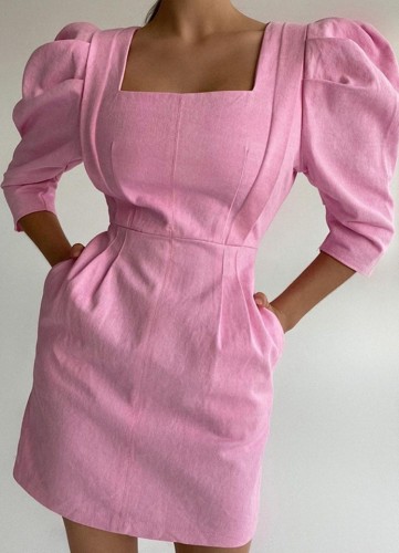 Pink Square Neck Bubble Sleeve Tight Short Dress