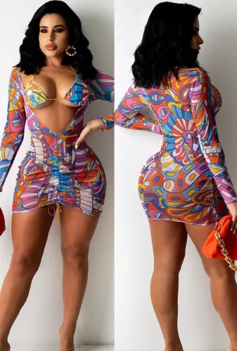 Print Sexy Bra and Mini Drawstring Ruched Skirt Two Piece Outfits