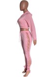 Pink Lace Up Hoody Crop Top and Sexy Pant Two Piece Set