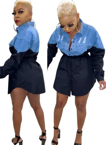 Denim Patch Drawstring Distressed Black Blouse Dress