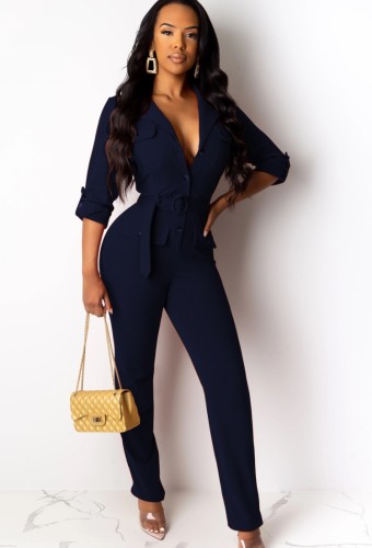 Button Up Blue Long Sleeve Turndown Collar Office Jumpsuit with Belt