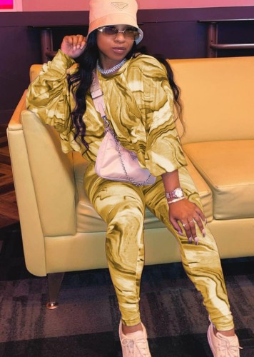 Print Loose Long Sleeve Shirt and Tight Pants Two Piece Set