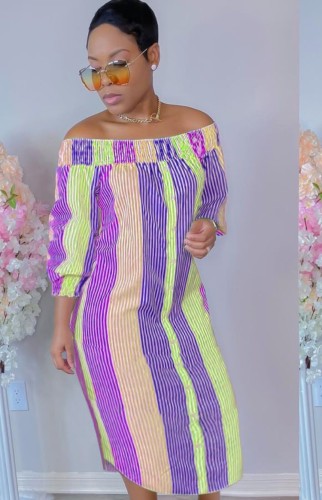 Polychrome Stripe Off Shoulder Half Sleeve Blouse Midi Dress
