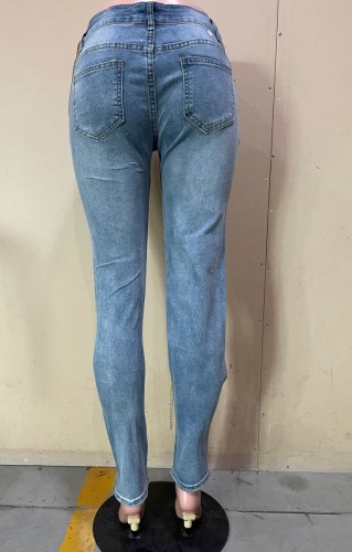 Light Blue Cut Out Chains High Waist Bodycon Jeans