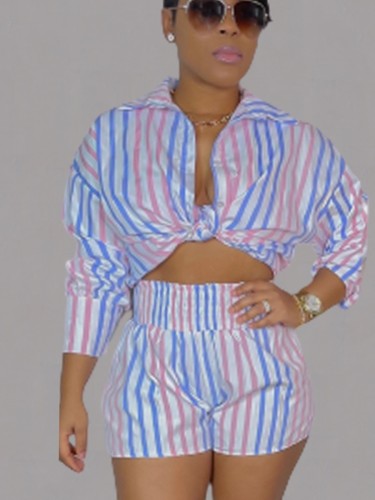 Blue and Pink Stripes Blouse and Shorts 2PC Cover-Ups