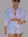 Blue and Pink Stripes Blouse and Shorts 2PC Cover-Ups