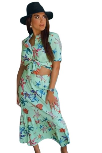 Starfish Printed Green Short Sleeve Blouse and Long Skirt Two Piece Set