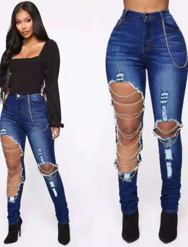 Dark Blue Cut Out Chains High Waist Bodycon Jeans
