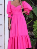 Pink Bubble Sleeve Ruffle Bottom Maxi Dress