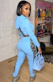 Blue Lace Up Hoody Crop Top and Sexy Pant Two Piece Set