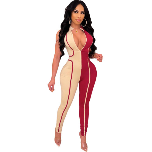 Colorblock Red Sports Tight Jumpsuit