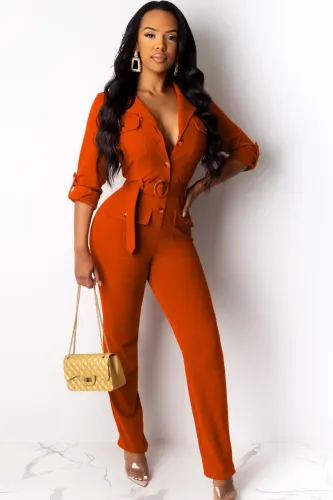 Button Up Orange Long Sleeve Turndown Collar Office Jumpsuit with Belt