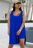 Blue Slit Long Tank and Matching Shorts Two Piece Set