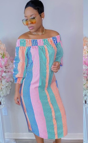 Polychrome Stripe Off Shoulder Half Sleeve Blouse Midi Dress