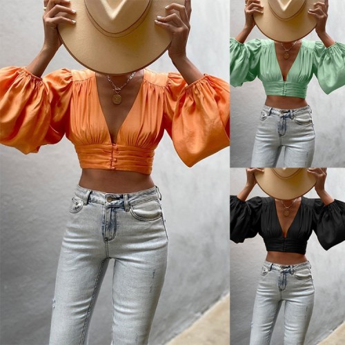 Green Long Puff Sleeve V-Neck Ruched Crop Top