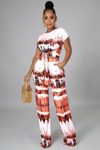 Print Paints Knotted Short Sleeve Crop Top and Pants Two Piece Set