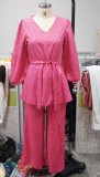 Pink Print Bubble Sleeve Shirt and Pants Two Piece Set with Belt