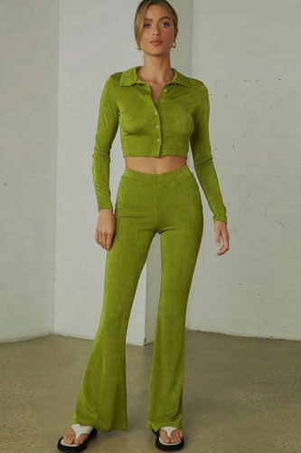 Green Button Open Long Sleeve Crop Top and Pants Two Piece Set