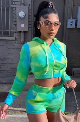 Tie Dye Hoodies Zipper Crop Top and Shorts Two Piece Set
