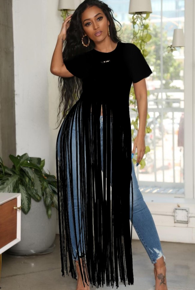 Black Short Sleeves Tassel Maxi Shirt