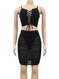 Black Lace-Up Tank Crop Top and Mesn Midi Skirt Two Piece Set