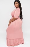 Plus Size Pink High Waist O-Neck Short Sleeve Maxi Dress