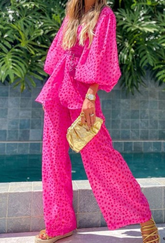 Pink Print Bubble Sleeve Shirt and Pants Two Piece Set with Belt