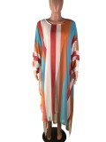 Polychrome Stripes Bubble Sleeve Long Loose Dress