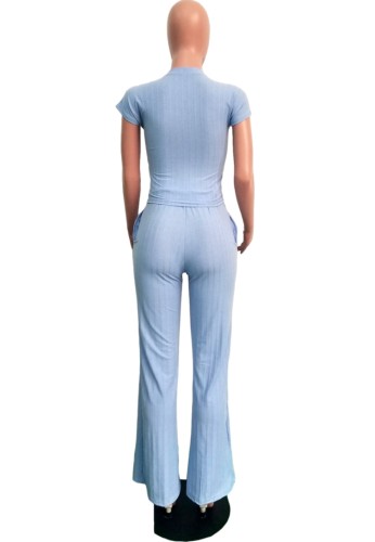 Blue Ribbed Knotted Short Sleeve Crop Top and Pants Two Piece Set