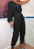 Black One Shoulder Long Puff Sleeve Shirt and Pants Two Piece Set