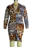 Plus Size Print Leopard Deep-V Scrunch Midi Sheath Dress